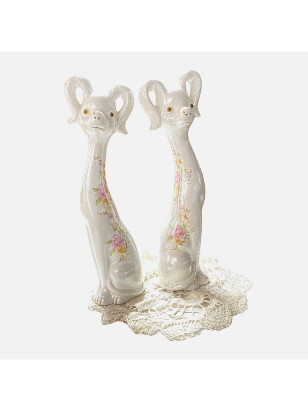 Vintage MCM Handmade Grandmacore Long neck Ceramic Dog Figurines Floral
